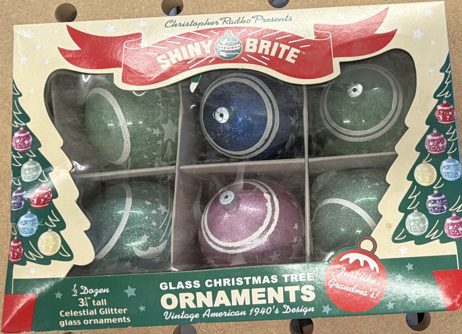 Shiny Brite Glass 6pc 2in Ball Bauble Ornaments Stars Glitter Christmas