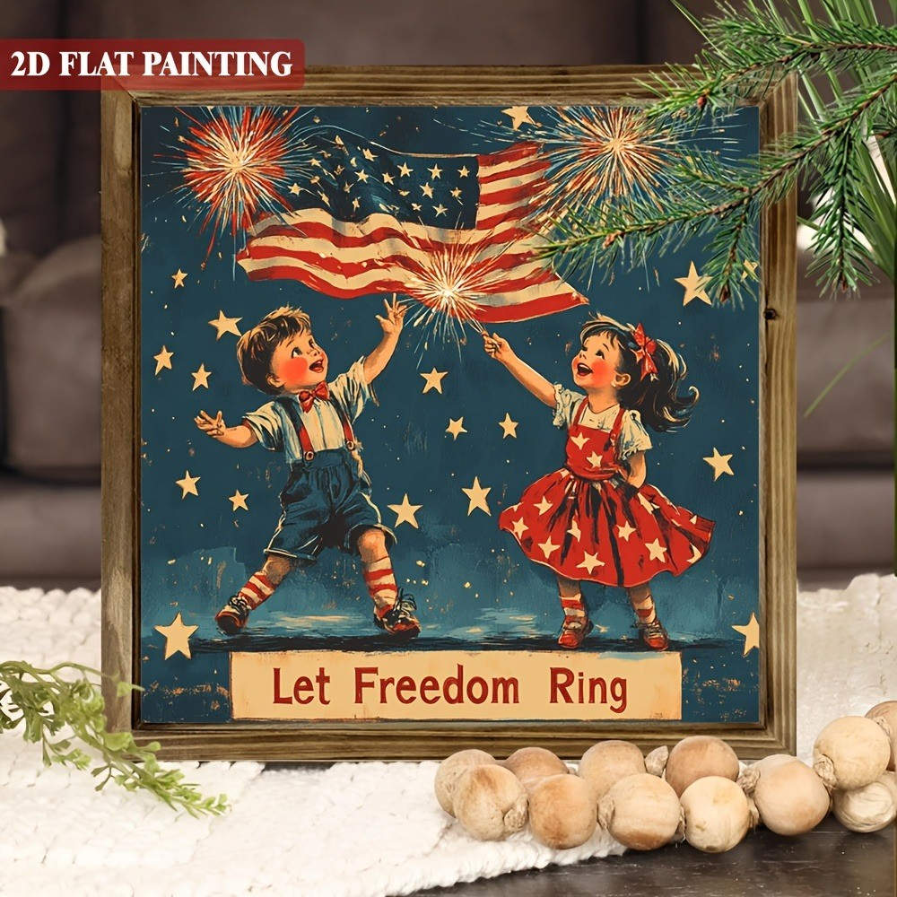 Let Freedom Ring Kids Fireworks Wooden Plaque 4th of July Patriotic Wall Decor
