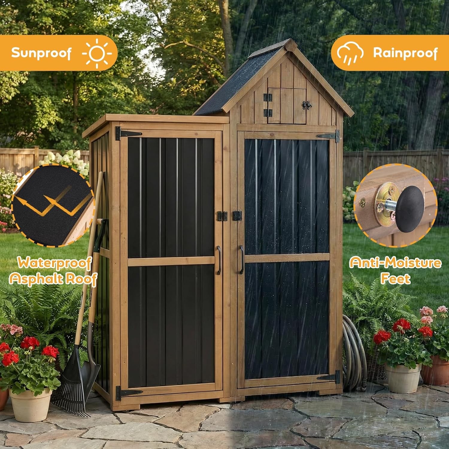 PETSCOSSET Outdoor Storage Cabinet Wood & Metal Garden Shed with Lockable Doors