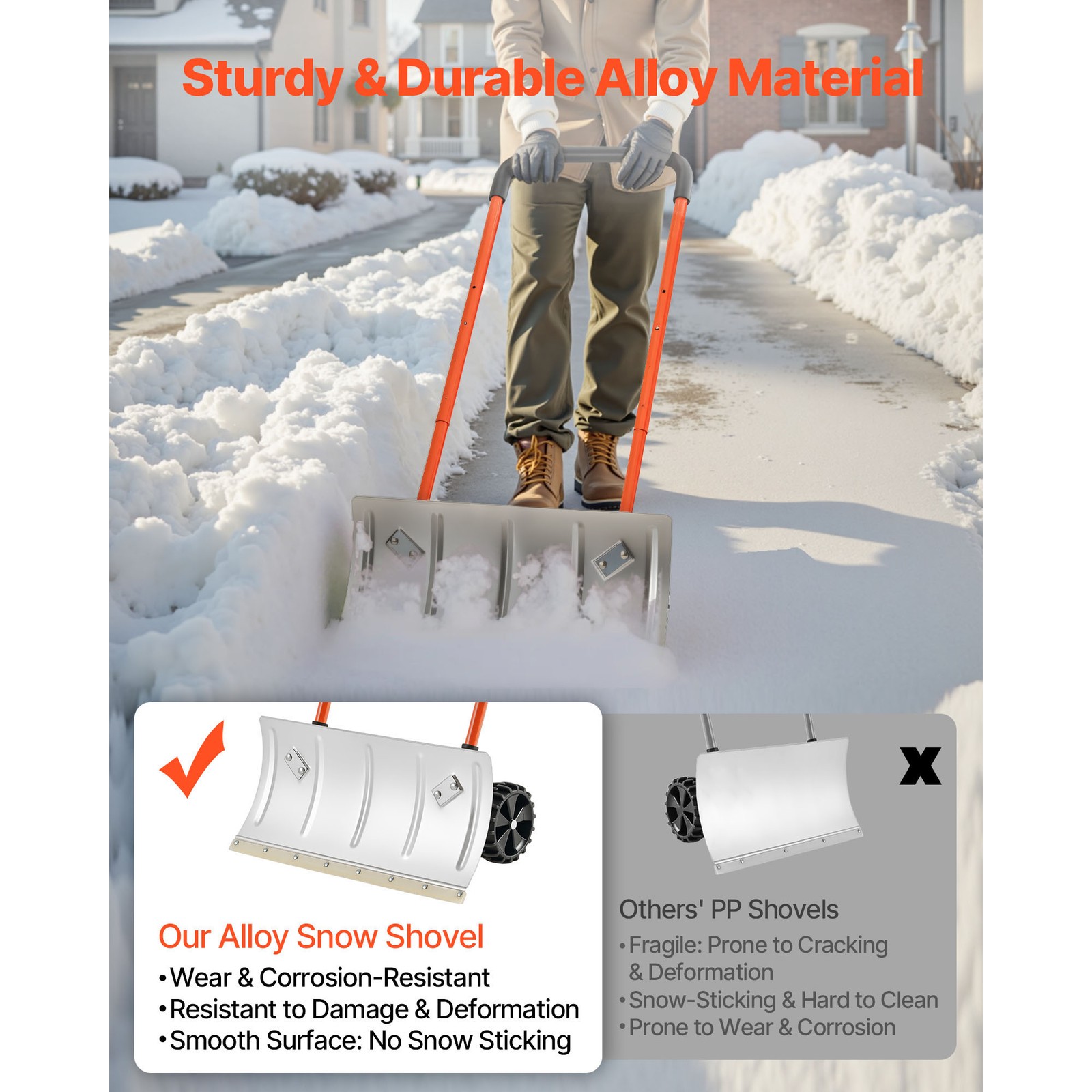Snow Shovel with Wheels 24″ Durable Metal Snow Removal Pusher Plow for Driveway