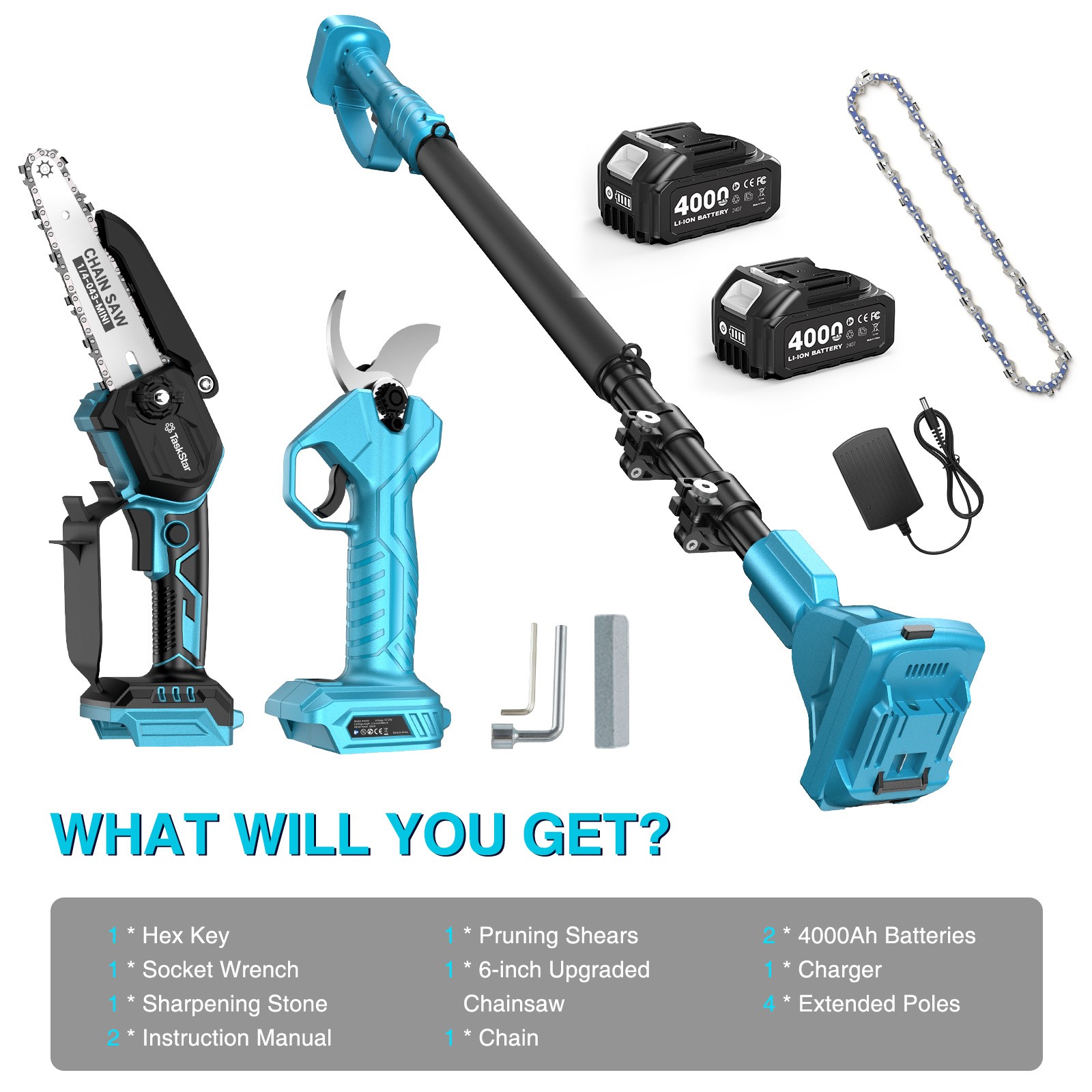 Taskstar 4-in-1 Cordless Pole Saw Brushless& Pruning Shears 6 Inch Mini Chainsaw