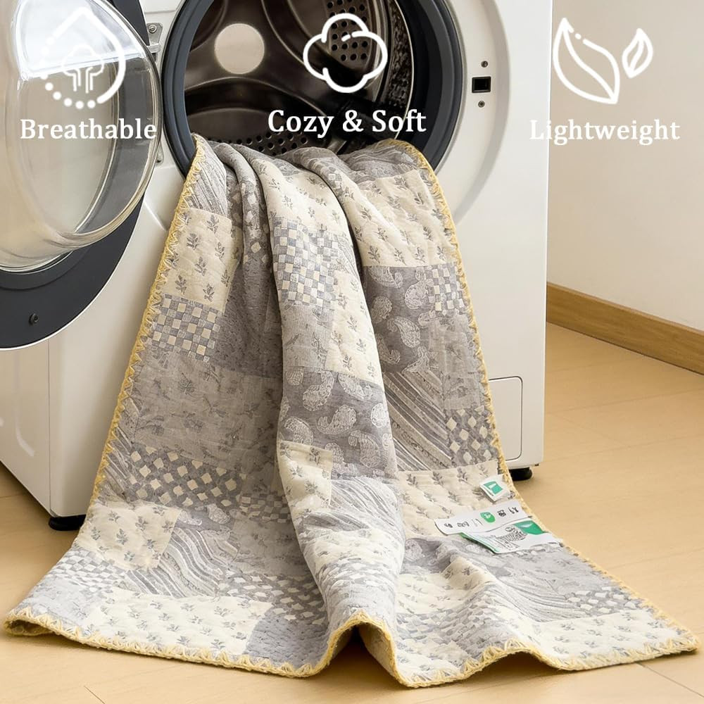 Reversible Cotton Muslin Blanket – Lightweight Grey Patchwork 80×90 In