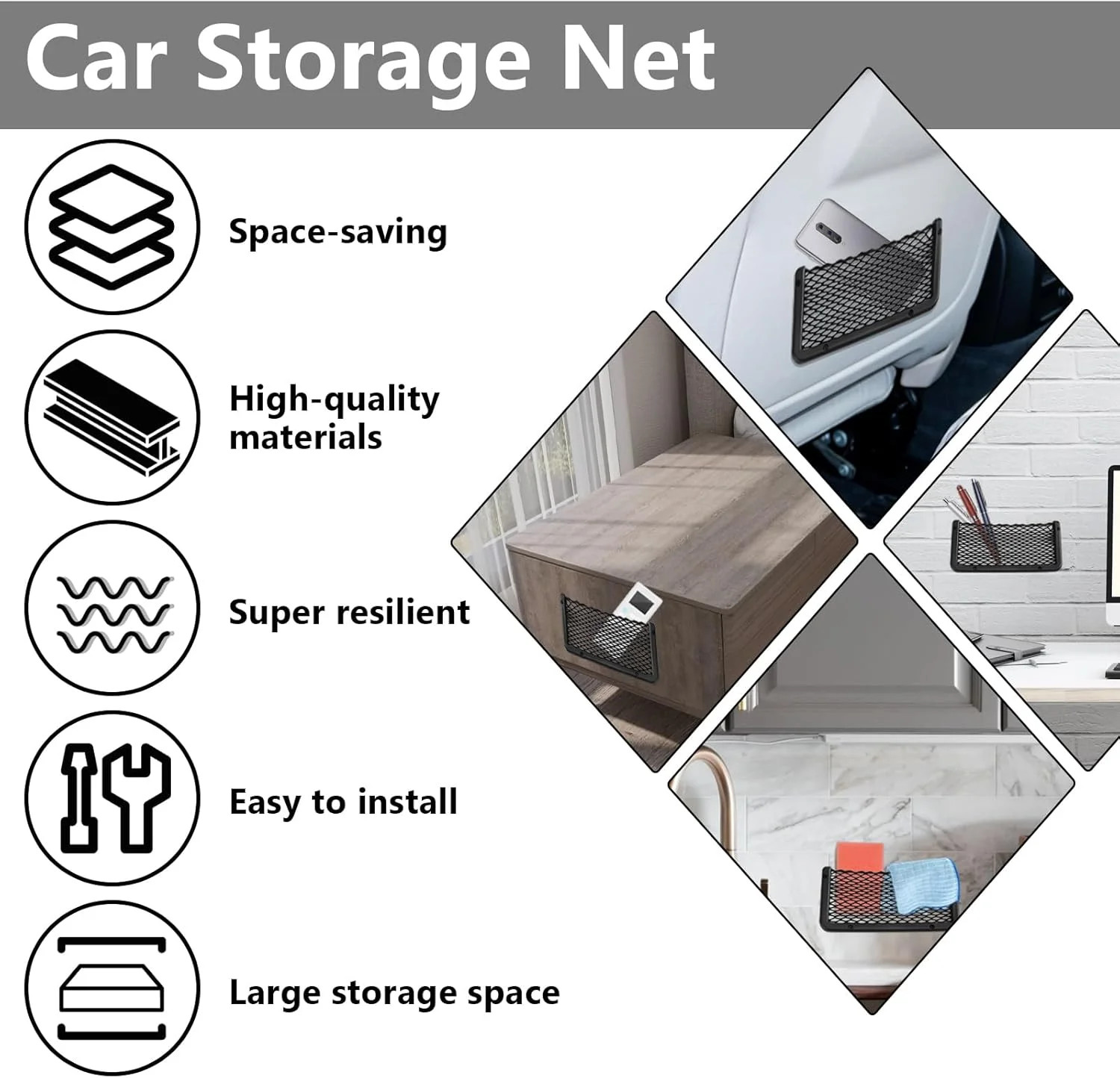 2 PCS Car Net Pocket, ABS Plastic Frame Cargo Net Storage Pockets Phone Nets, Ca