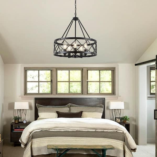 ADSENSTY 5-Light 20.07 in. Black Farmhouse Geometric Drum Chandelier Light