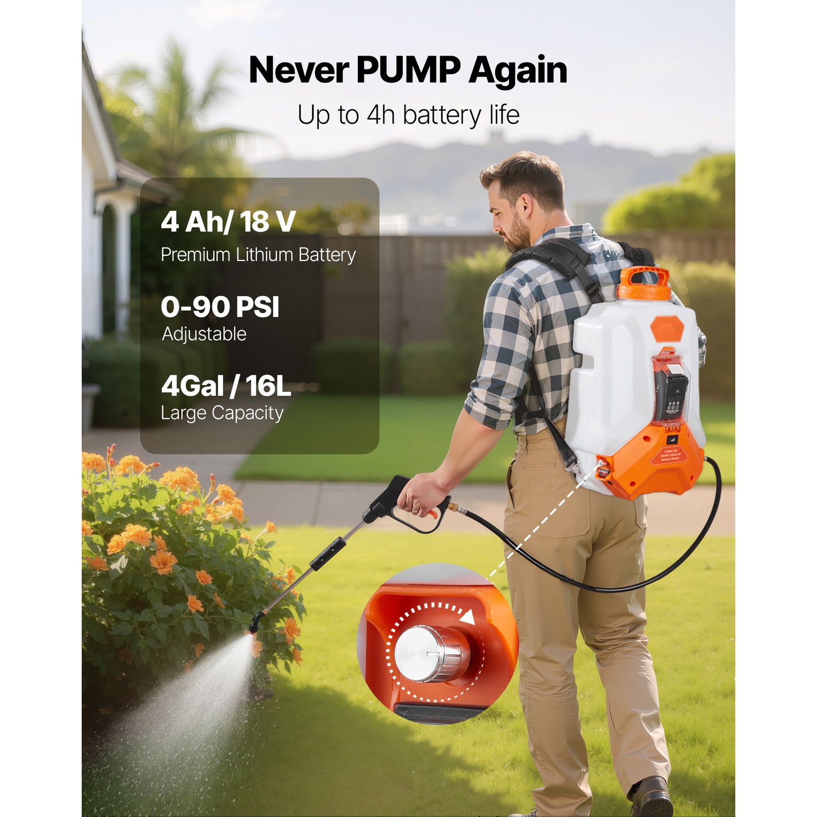 4 Gallon Battery Powered Backpack Sprayer 0-90 PSI 4H Runtime for Yard Lawn