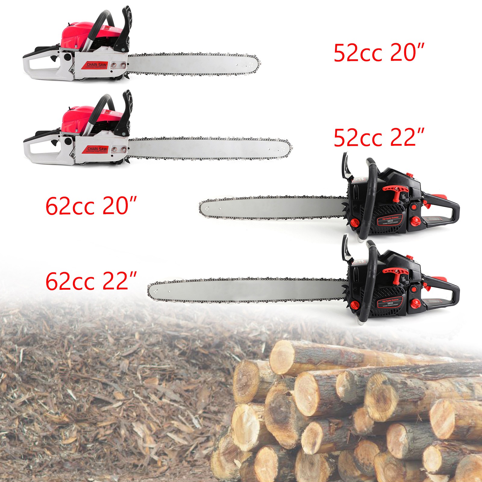 62cc Gas Chainsaw 20″ Bar Gasoline Powered Chain Saw 2 Cycle Engine Cutting USA