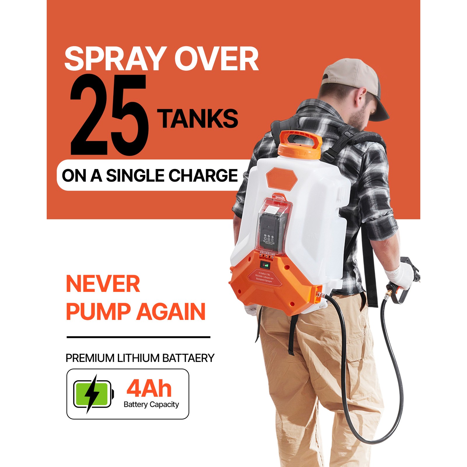 4 Gallon Battery Powered Backpack Sprayer 0-90 PSI 4H Runtime for Yard Lawn