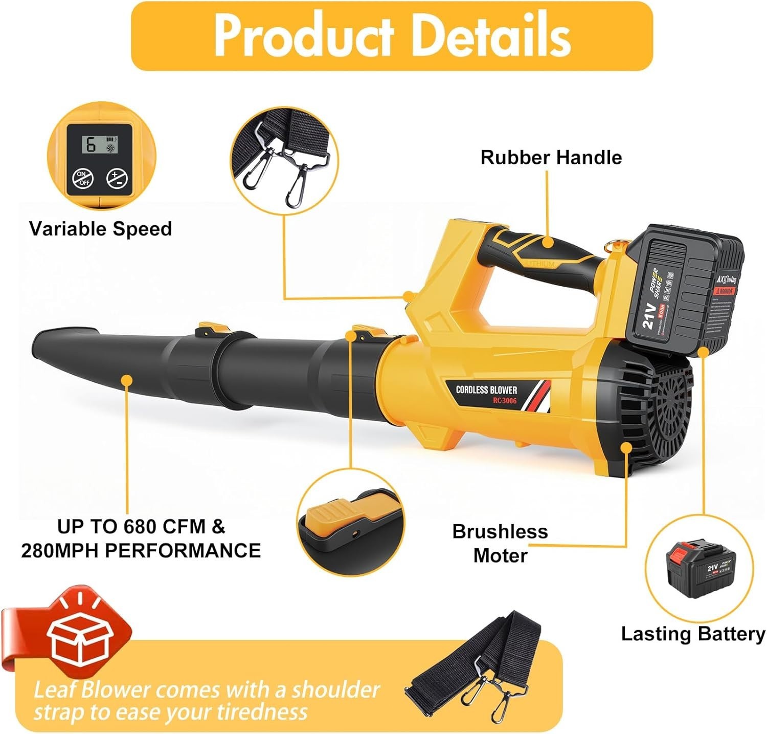 Cordless Leaf Blower 650CFM 280MPH Electric Blower w/ 6.0Ah Battery & Charger