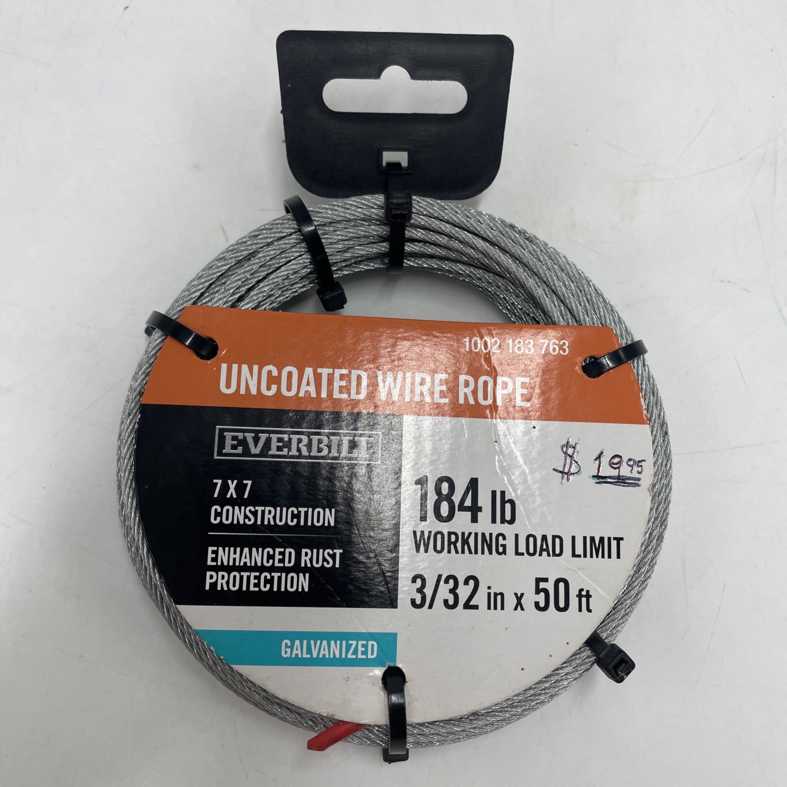 Everbilt Vinyl Uncoated Galvanized Wire Rope 3/32″ x 50Ft.