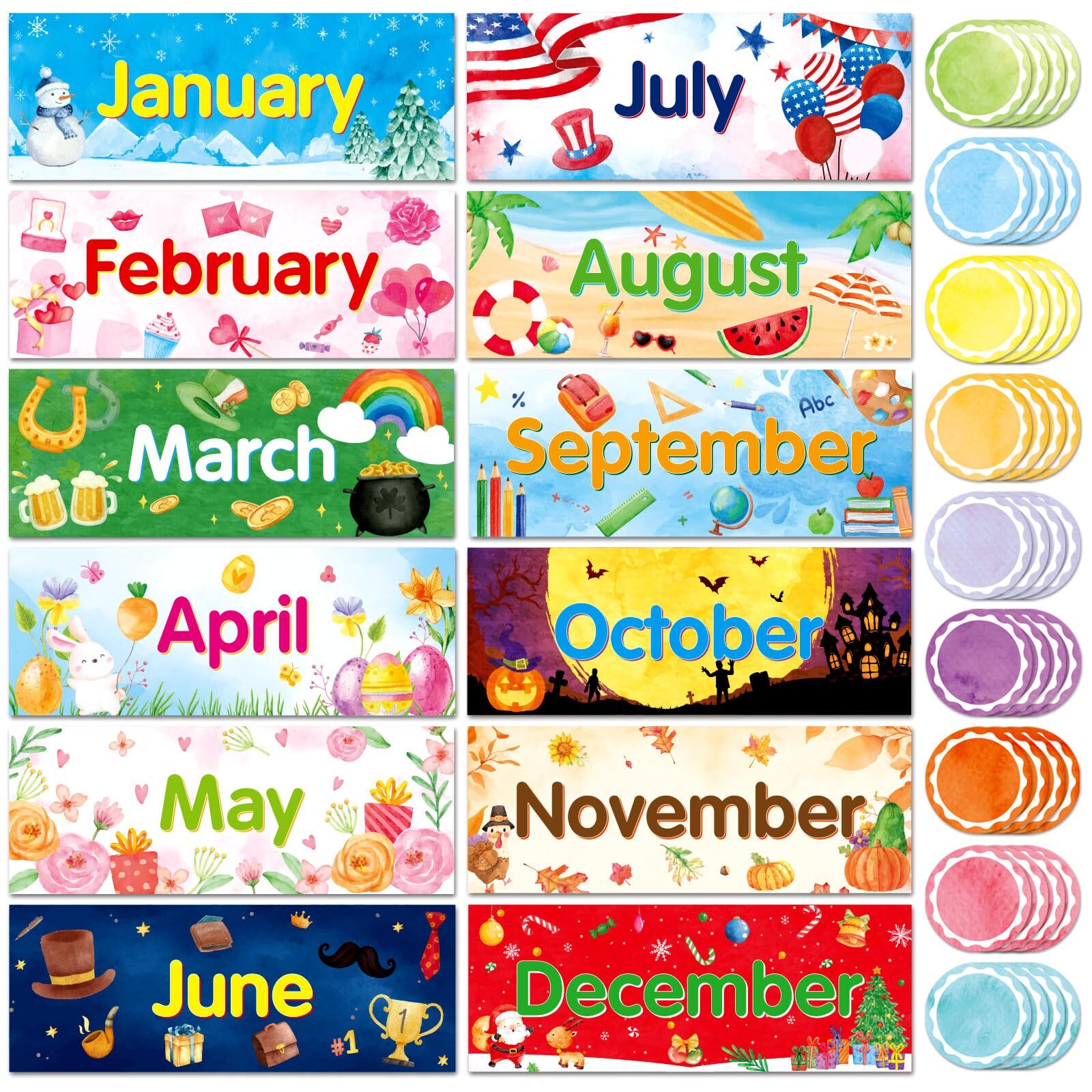 48 Pack Holiday Monthly Headliners 12 Months of The Year Bulletin Board Set…