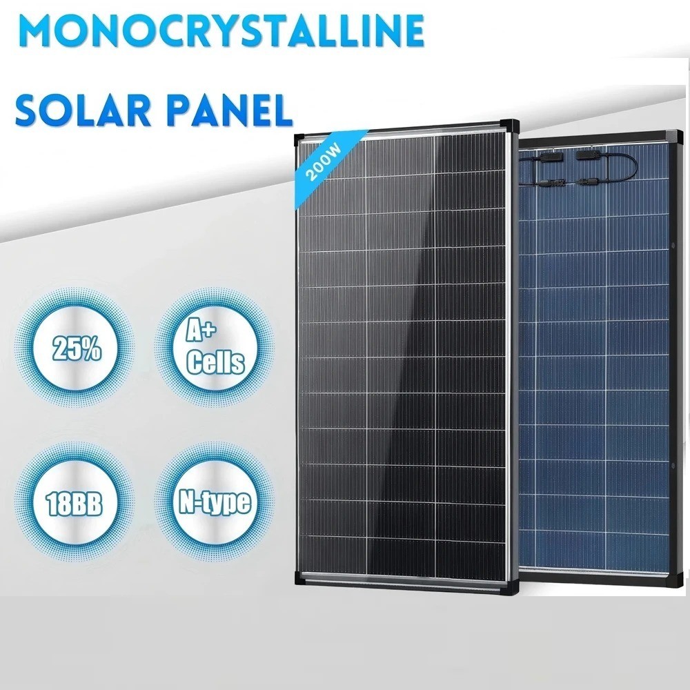 200W Bifacial Solar Panel 18V N-Type Mono PV RV Home Off-Grid Battery