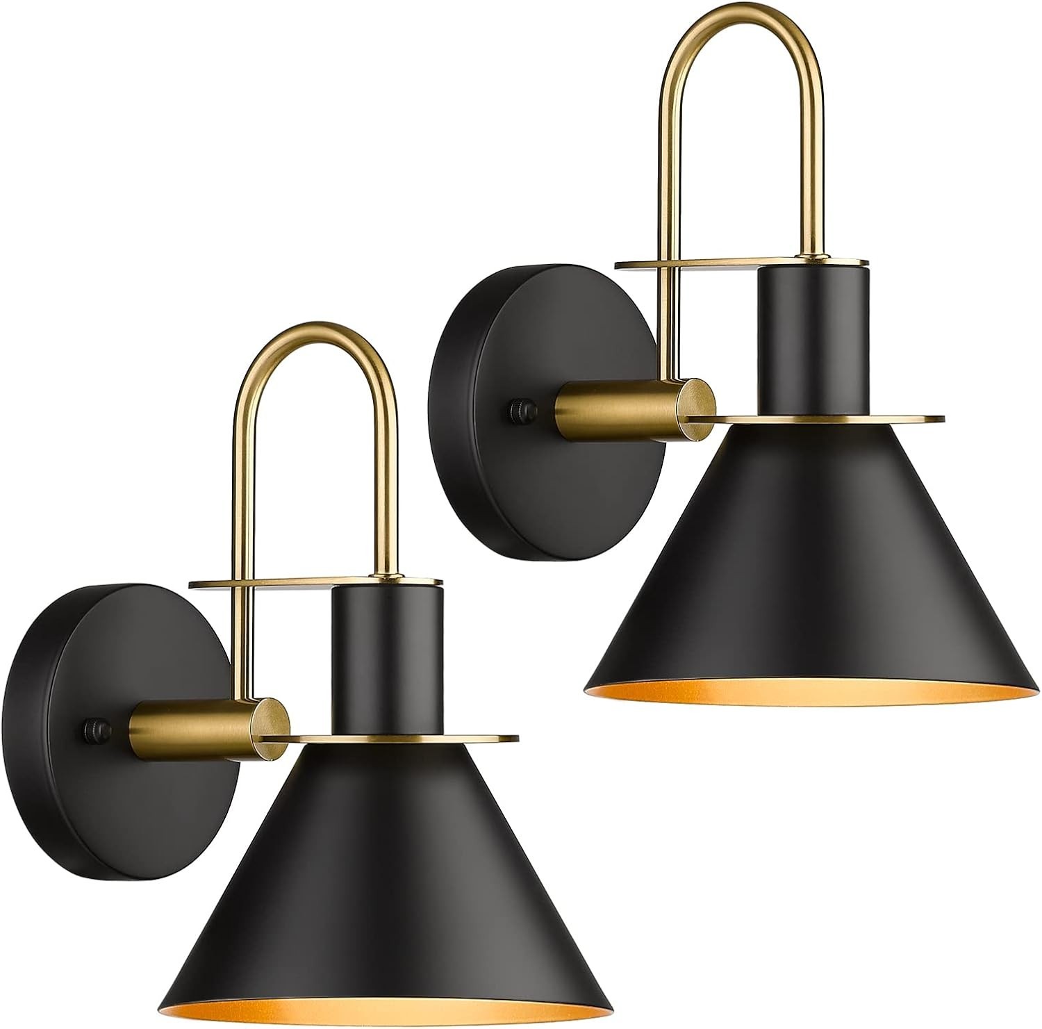 Black & Gold 1-Light Metal Cone 9.8in Shade Wall Sconce (Set of 2)