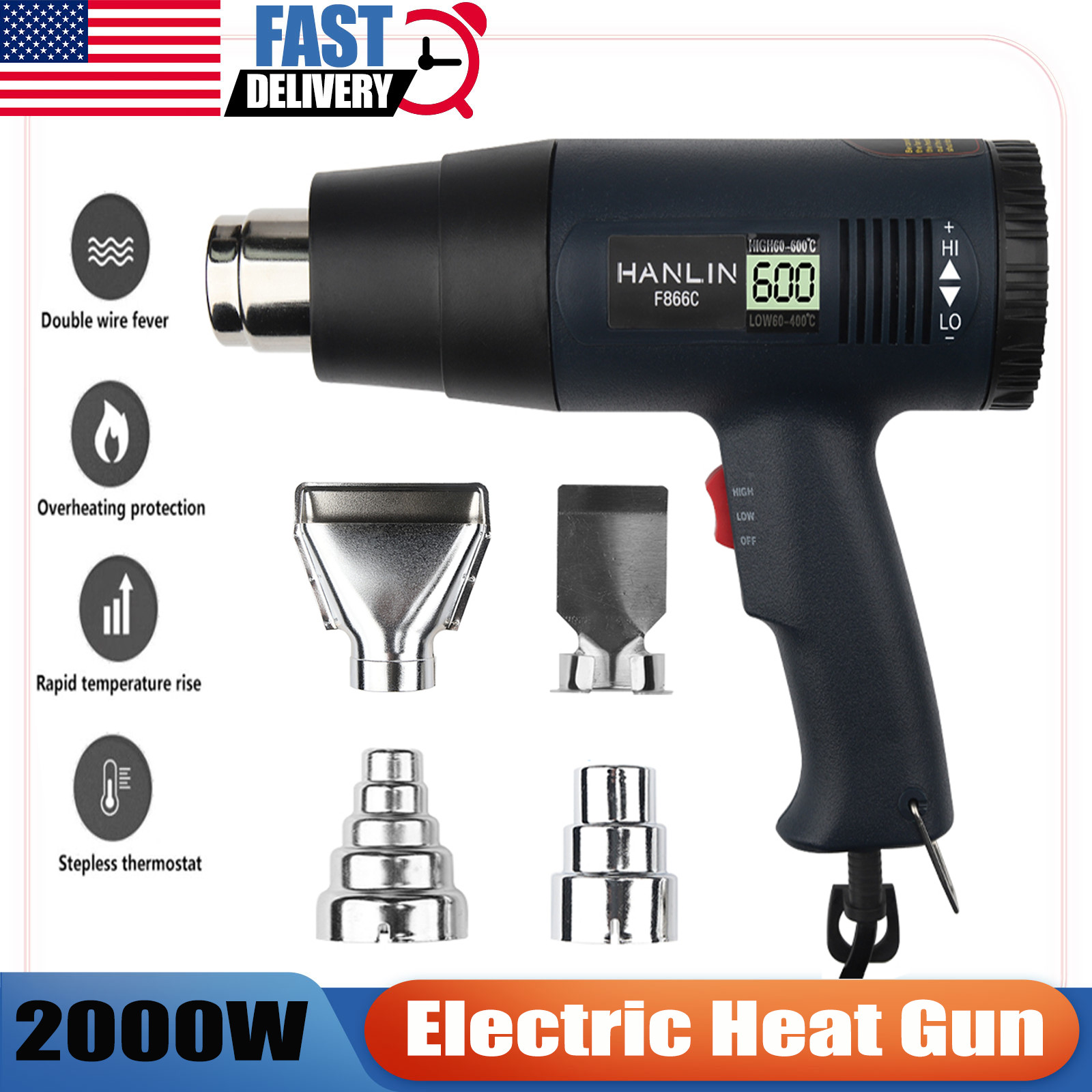 NEW Heat Gun Electric Hot Air Gun Dual Temperature LCD Display 4 Nozzles Tool US