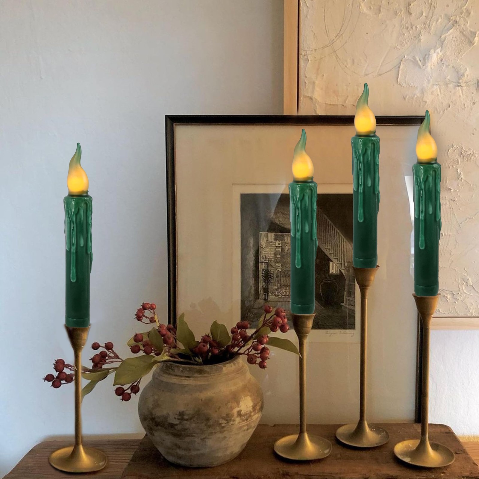 4 PCS 6.7 In Dark Green Flameless Short Taper Candles Real Wax Remote LED Light