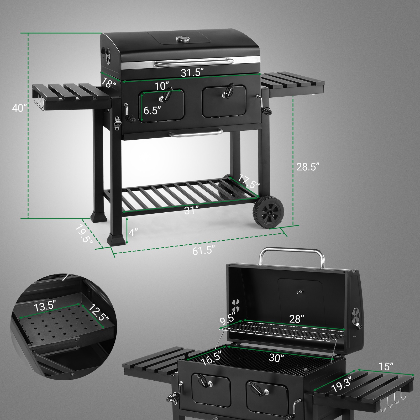Outdoor Garden Heavy-Duty Oversize Charcoal Grill Liftable Barbecue Backyard