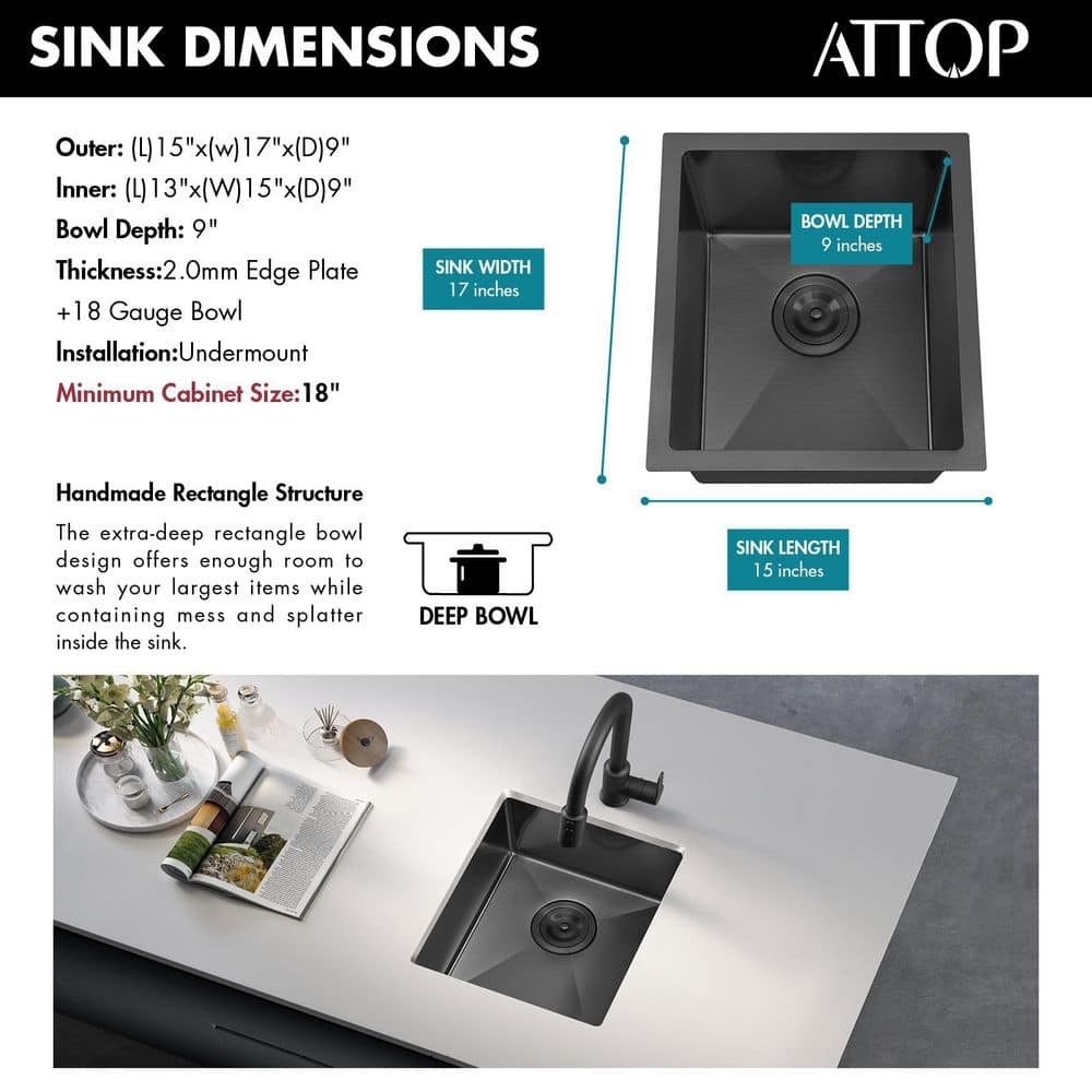 Attop 15″ Undermount Single Bowl 18-Gauge Nano Black Stainless Steel Sink