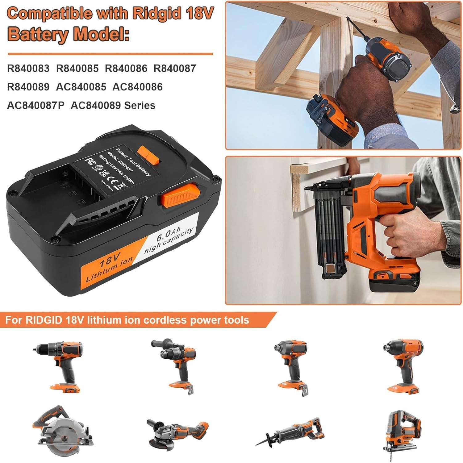 2-Pack 6.0Ah Rechargeable Batteries for Ridgid 18V Drill – Advanced Protection