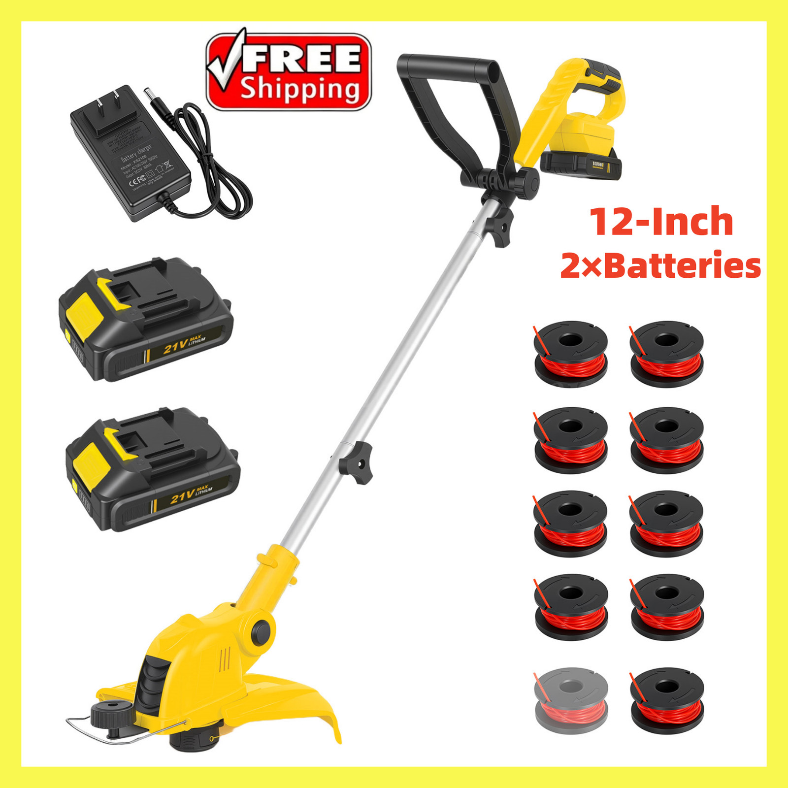 21V Cordless String Trimmer with 2Ah Batteries Fast Charger 12” Edger Yellow