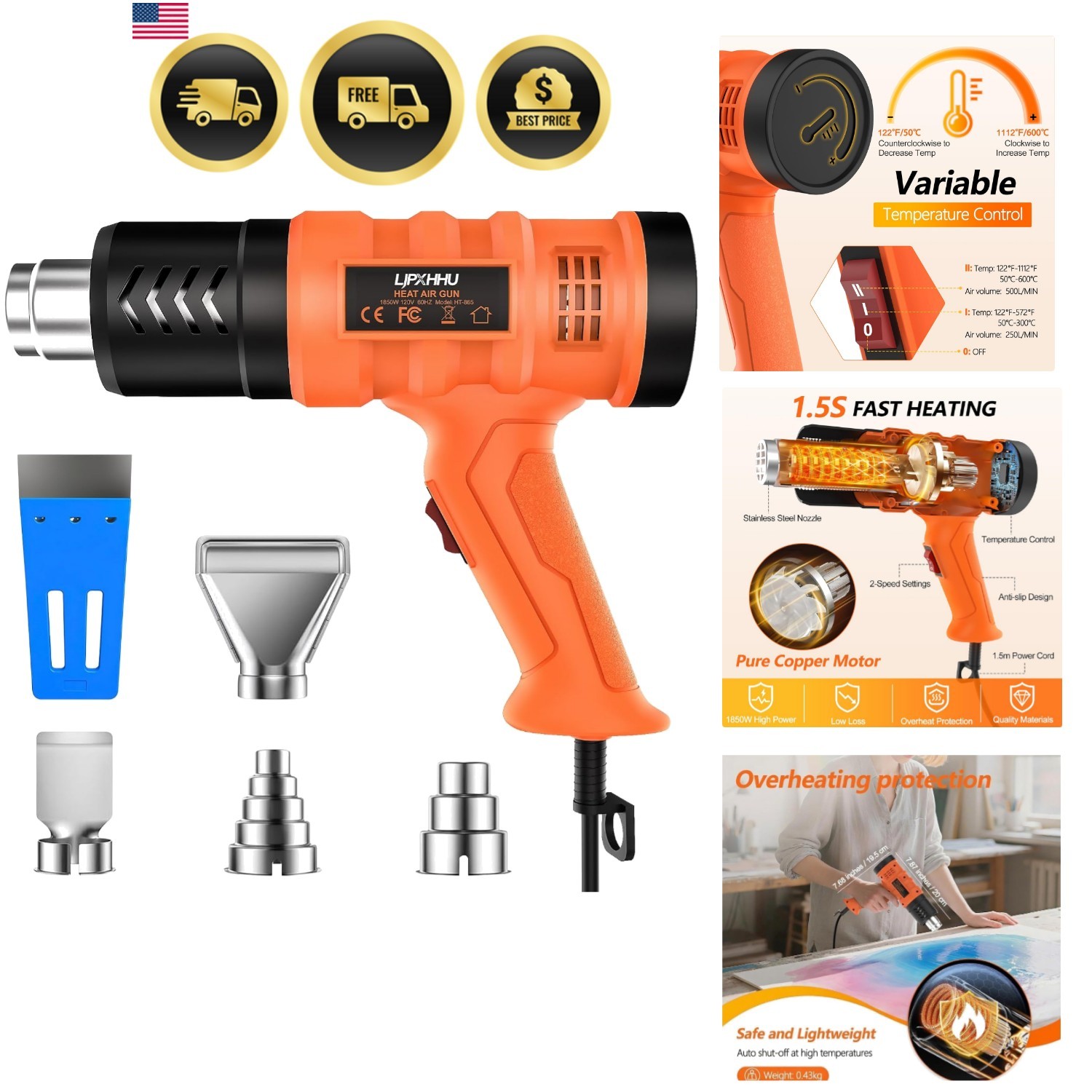 1.5s Fast Heat Heavy Duty Hot Air Gun Good Temp Control 122℉-1112℉50-600℃）Ove…