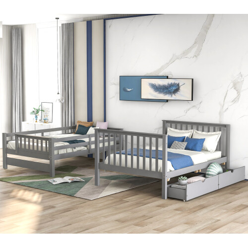 Full Over Full Bunk Bed w/ 6 Storage Drawers & Stairs For Kids Teens Adults Gray