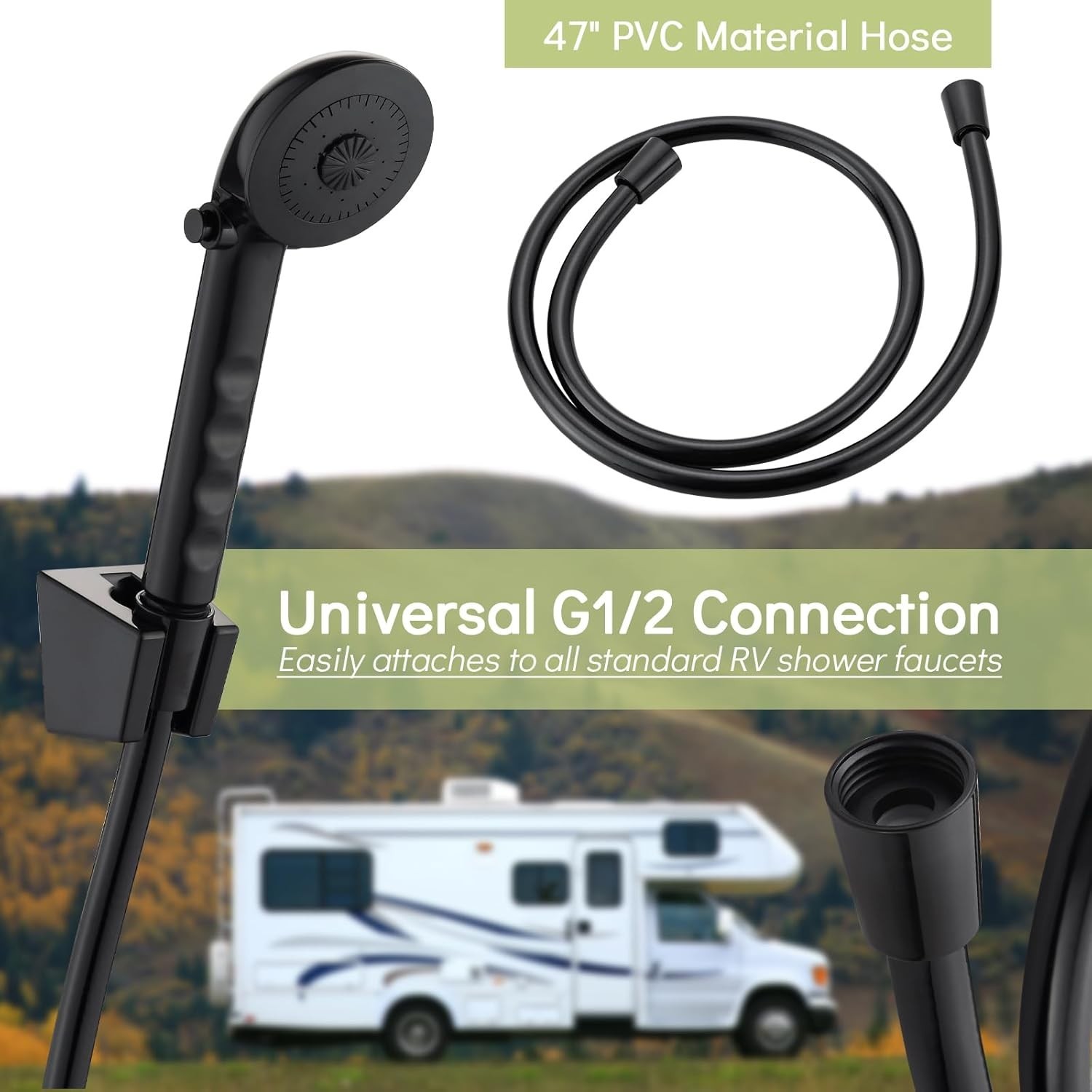 RV Shower Head + 47″ No-Kink Hose Outdoor Non-Metallic Matte Black Water Saving