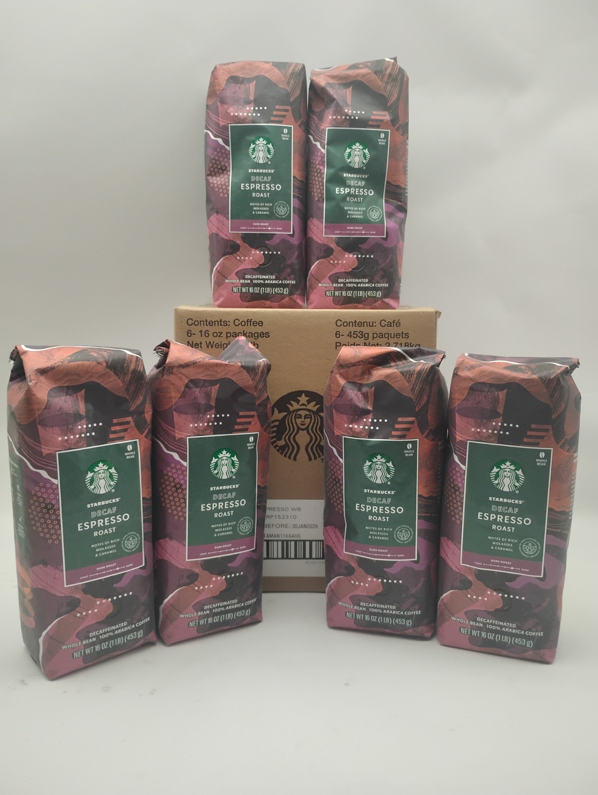 Starbucks Decaf Espresso Dark Roast Whole Bean Coffee 6-1lb / 16oz Bags