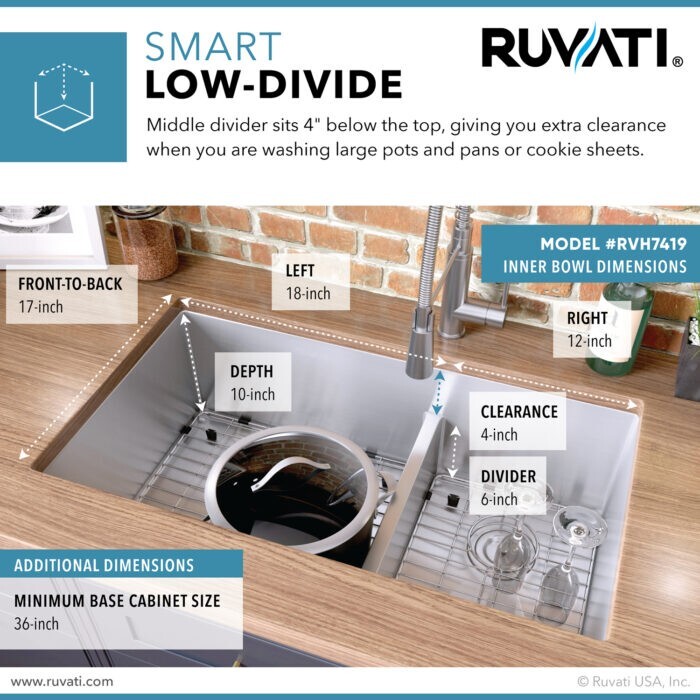 Ruvati 33″ Undermount 60/40 Double Bowl 16Gauge SS Kitchen Sink- RVH7419
