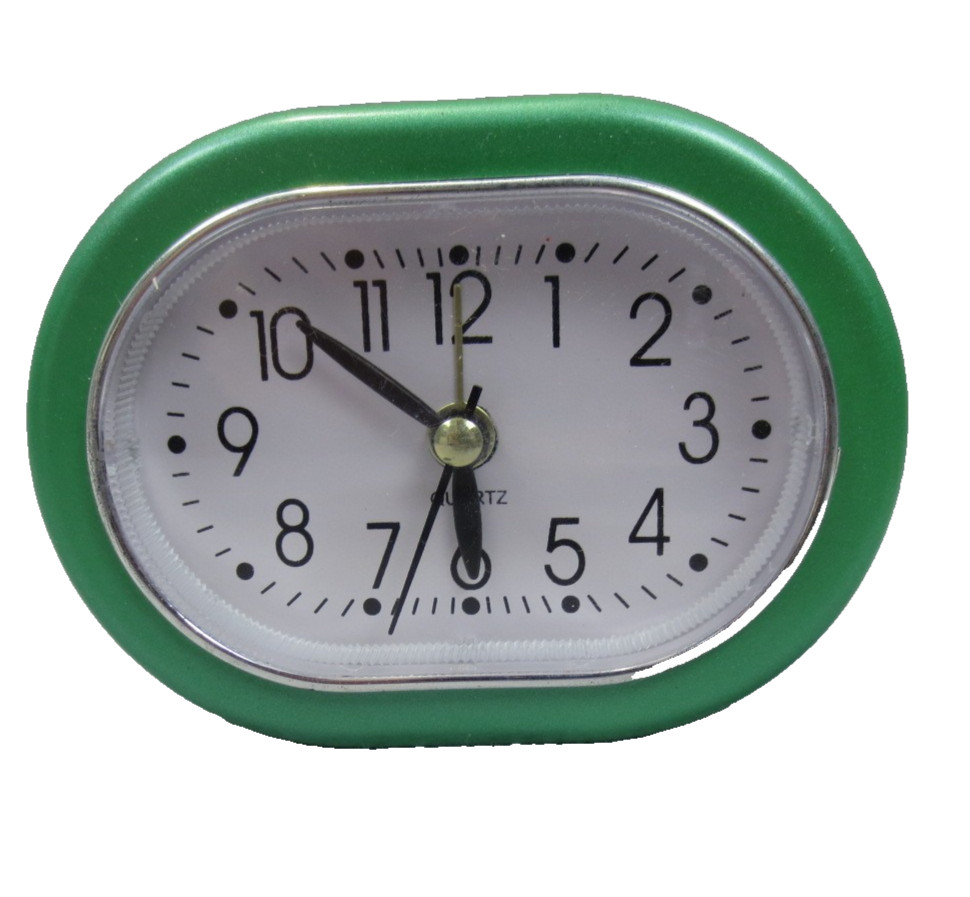 Travel Analog Alarm Clock Battery Operated Green & White Small Desktop 3.5″