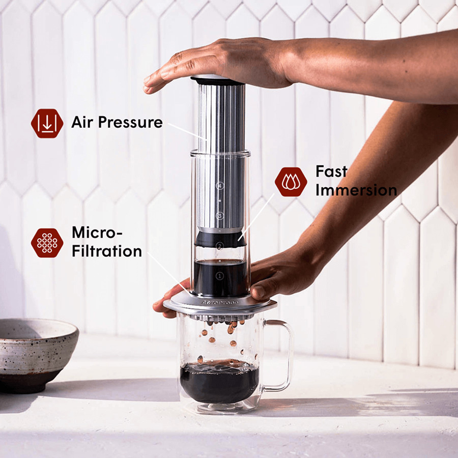AeroPress Coffee Maker – Premium Glass & Metal 3 in 1 Coffee Press – Silver NWT