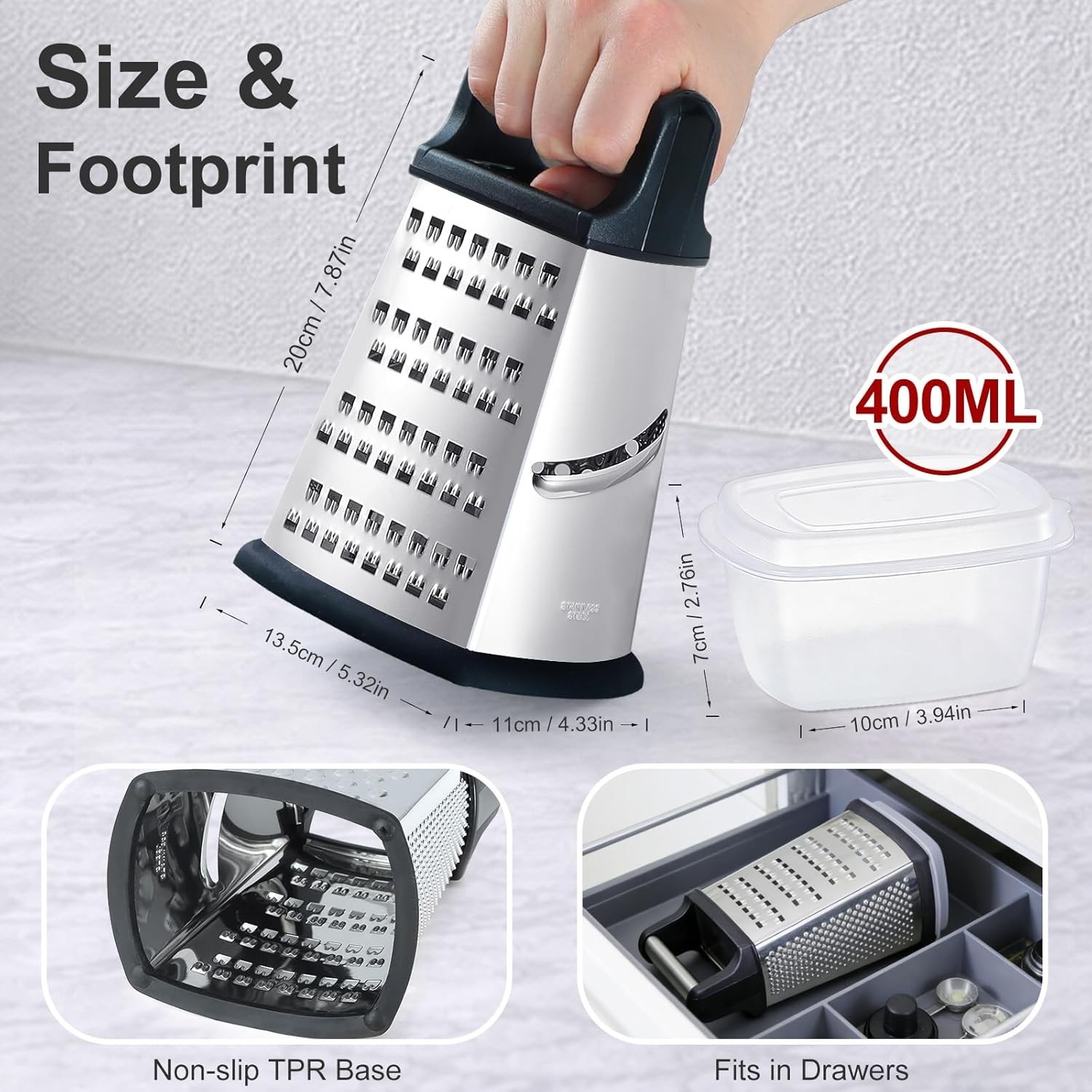 Cheese Grater Kitchen Slicer Zester Box Grater with Container 8 Inch