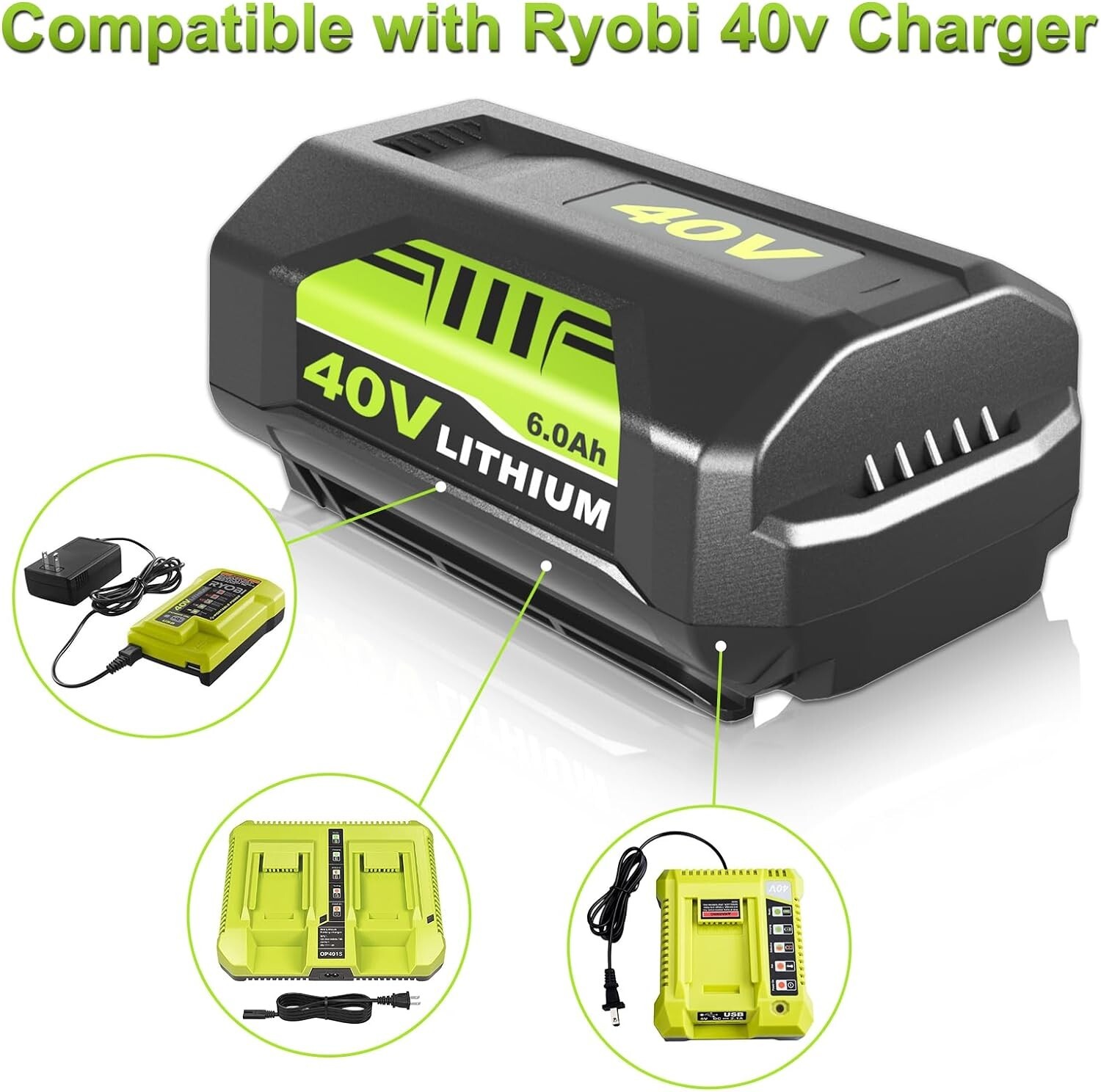 Replacement for Ryobi 40V Battery 6.0Ah OP40401 OP4026 Battery or Op401 Charger