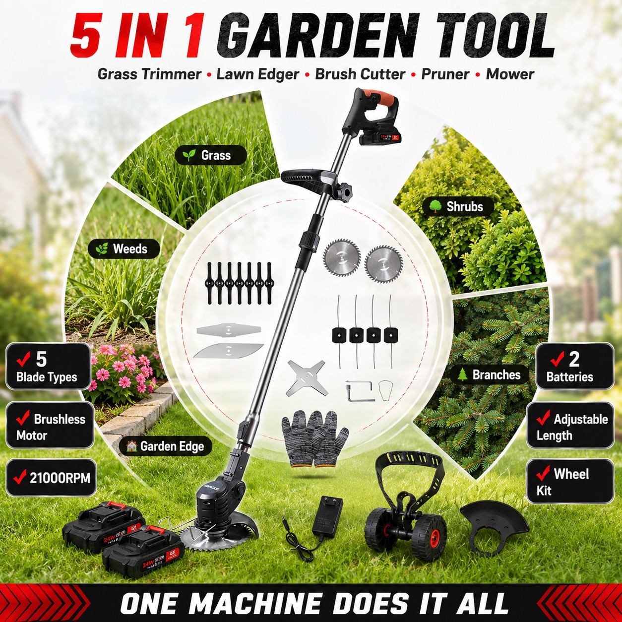 24V Cordless Grass Trimmer Weed Wacker Lawn Edger Brush Cutter 5 In 1 US ✨