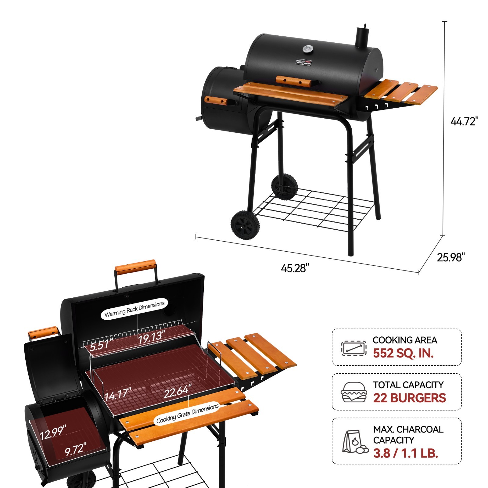 Royal Gourmet Barrel Charcoal Grill with Offset Smoker for Outdoor Grilling
