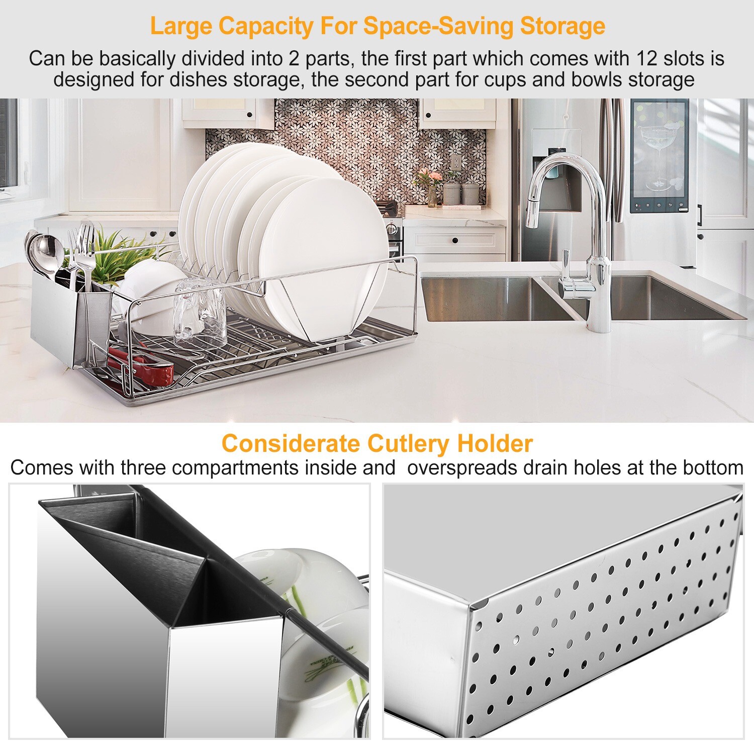 Kitchen Over Sink Dish Drying Rack Stainless Steel Drainer Holder w/ Drainboard