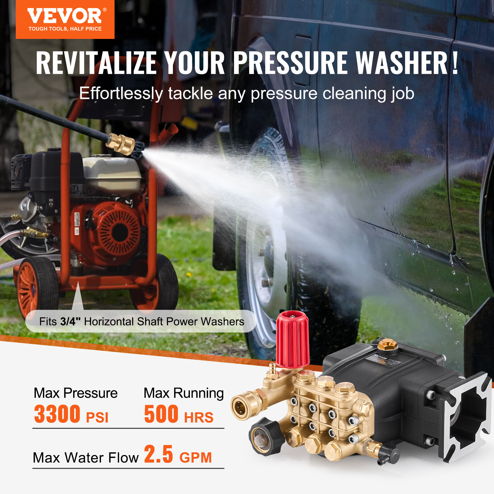 Pressure Washer Pump 3/4″ Shaft Horizontal Triplex Plunger 3300 PSI 2.5GPM