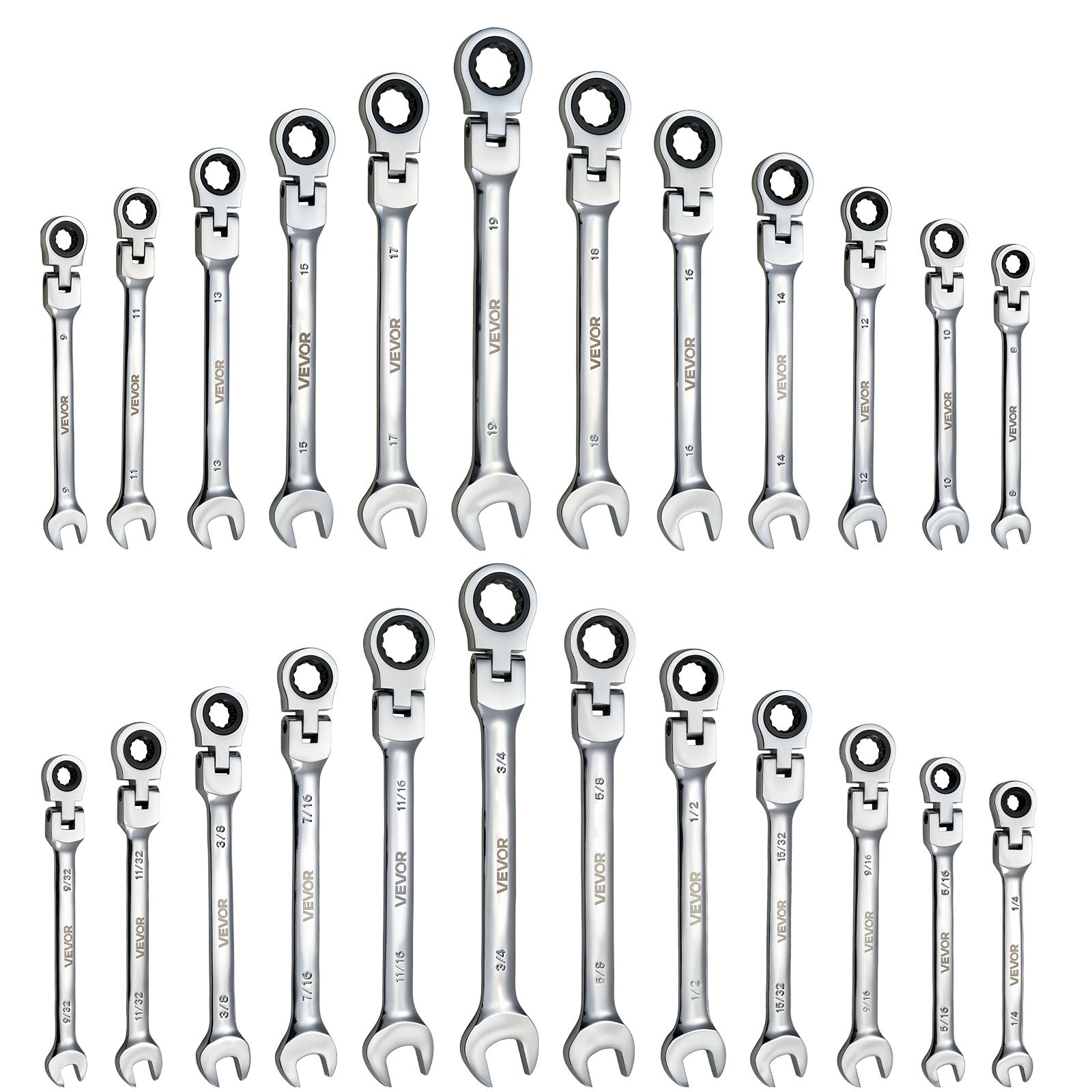 VEVOR Flex-Head Ratcheting Wrench Set Combination Wrench Set 24-Piece SAE Metric