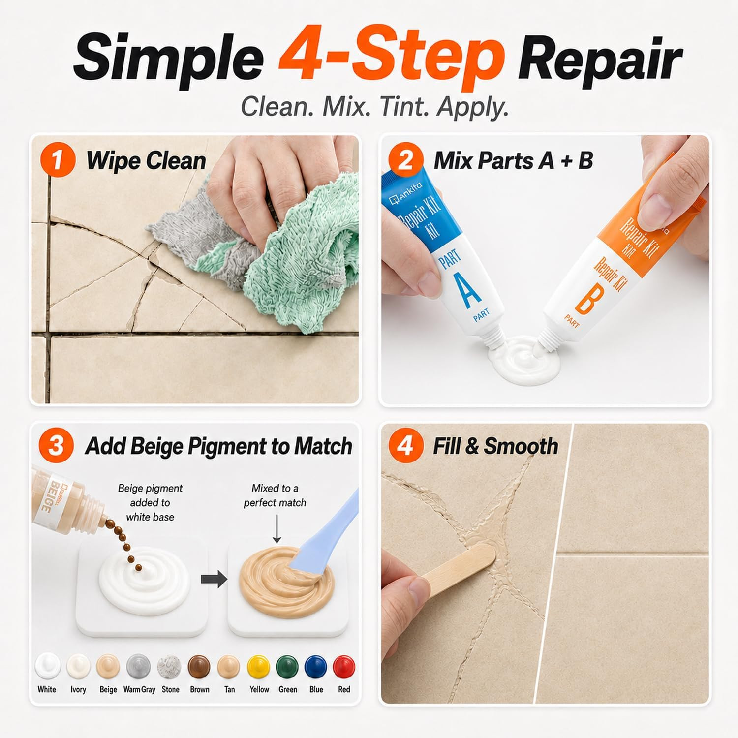 Tile Repair Kit, Ceramic Tile Repair Kit for Chips & Crack (Color Match), Porcel