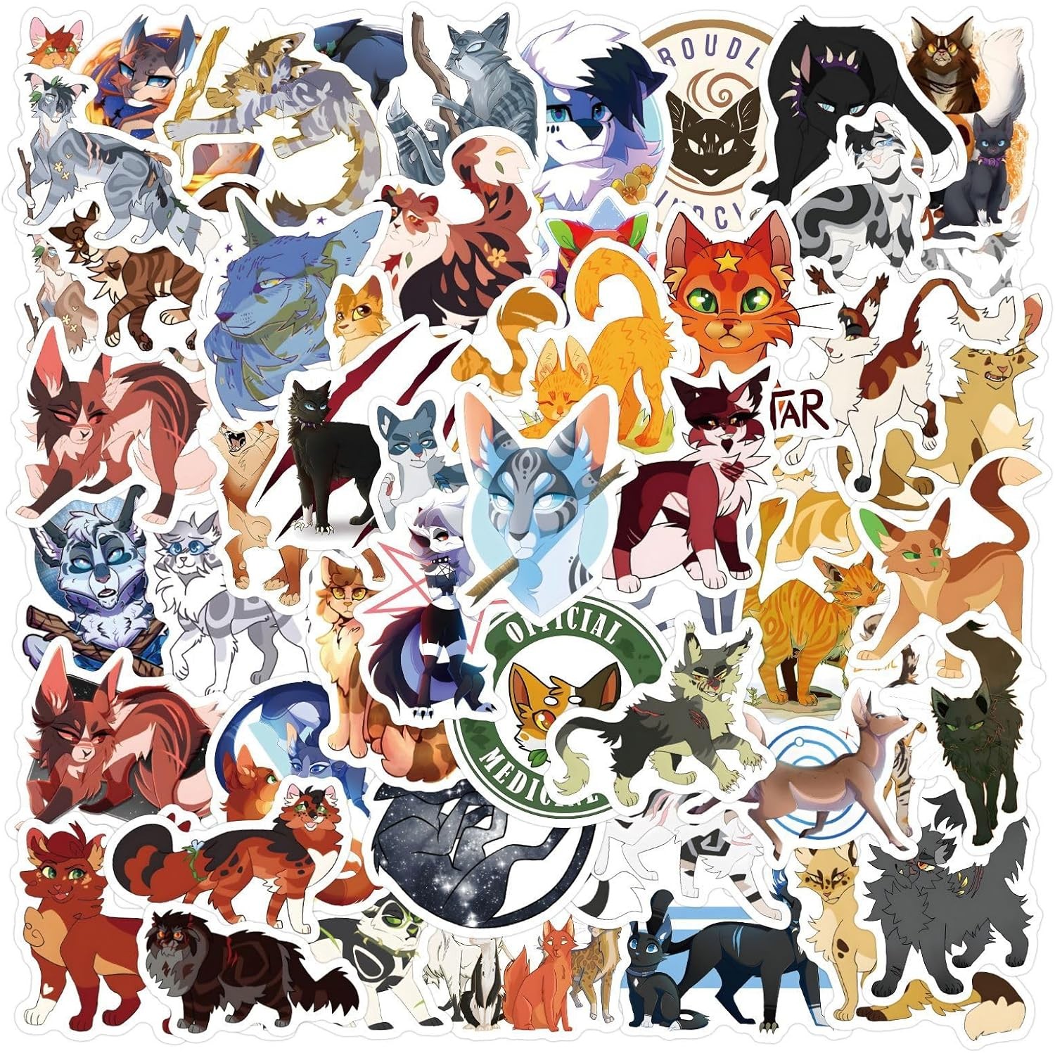 60PCS Warriors Cat Stickers for Kids Teens Adults, Cartoon Kids Stickers for Wat
