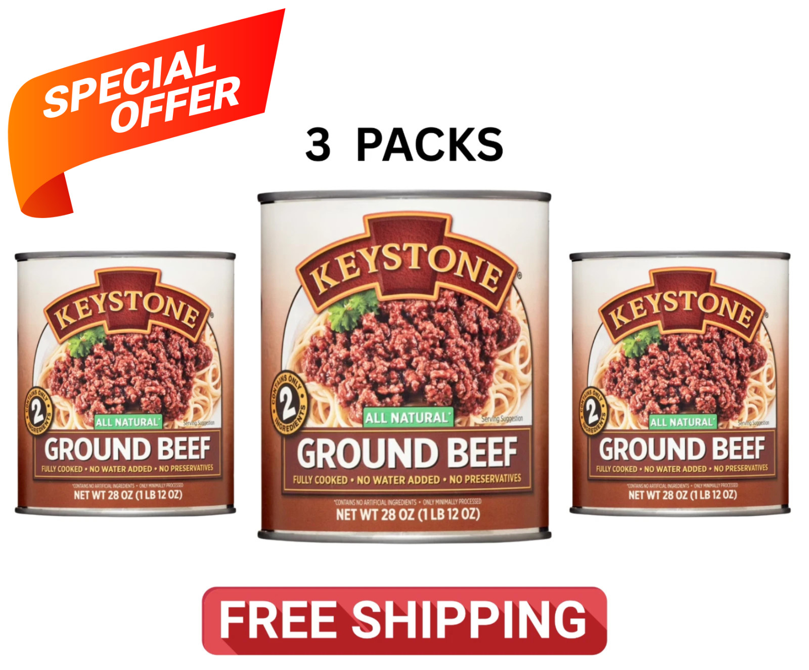 Free Shipping Keystone All Natural Ground Beef, 28 oz Can 3 cans