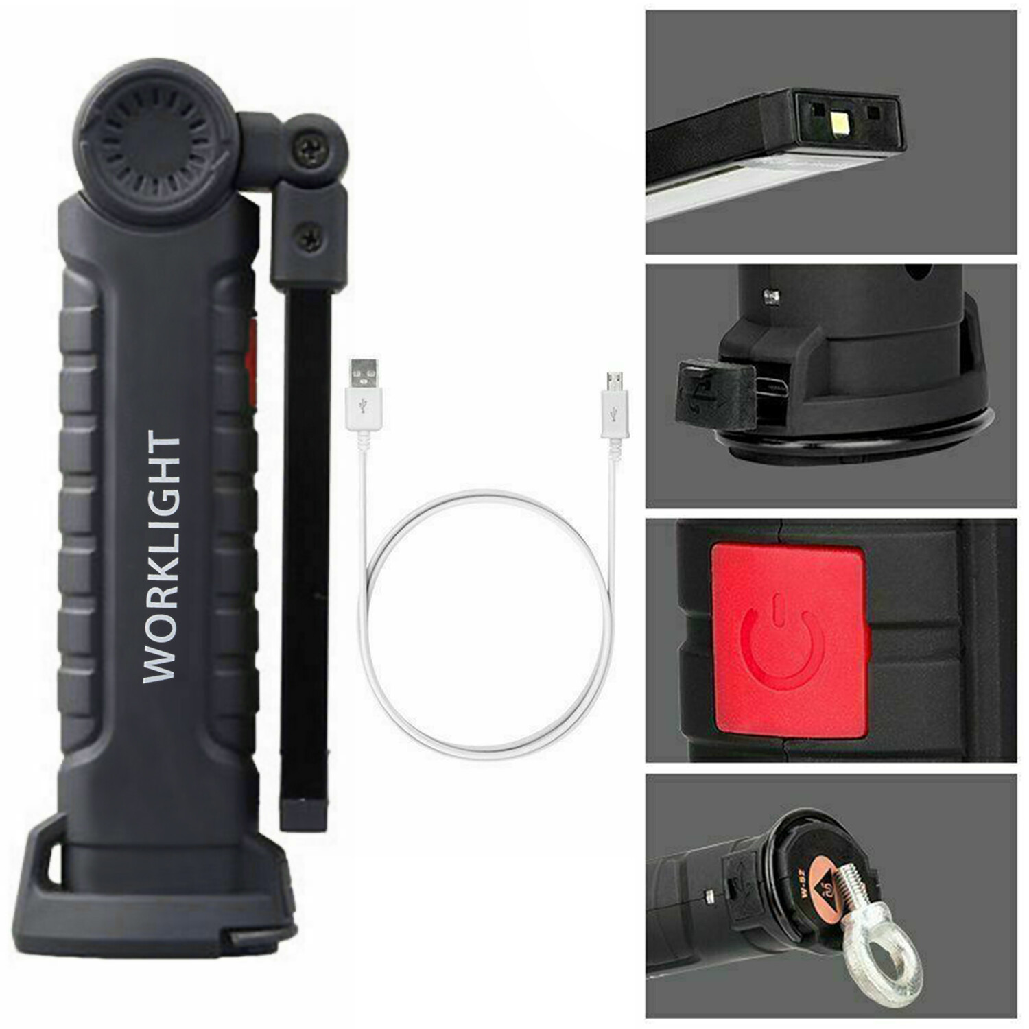 Magnetic Rechargeable COB LED RED Work Light Lamp Flashlight Folding Torch