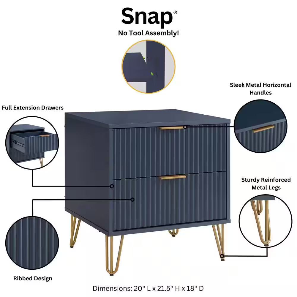 DUMBO Modern Midnight Blue 2-Drawer 20.07 In. W Nightstand with SNAP Tool-Free A