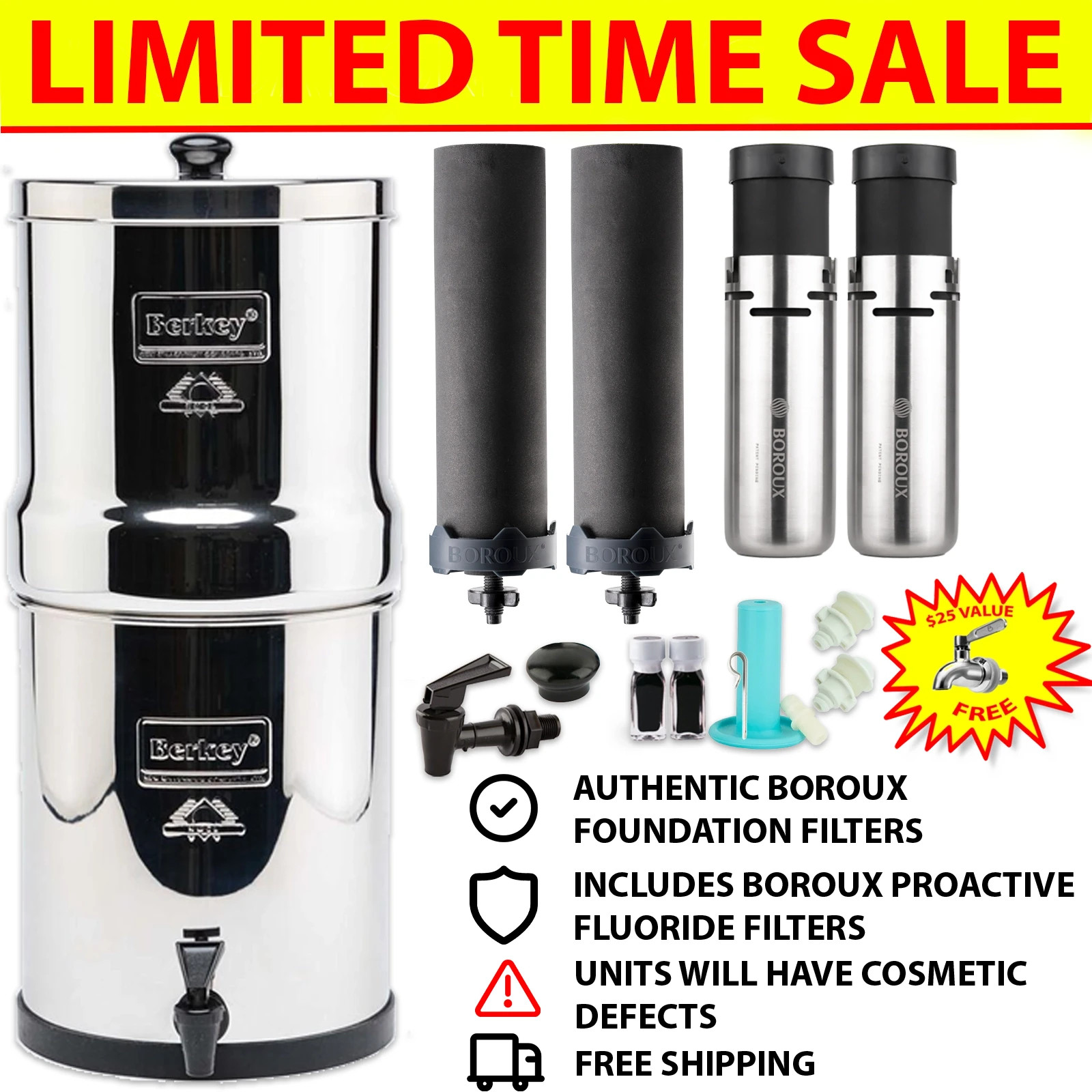 BLEMISHED Berkey Water Filter w/ Boroux Black & Boroux Fluoride Filters