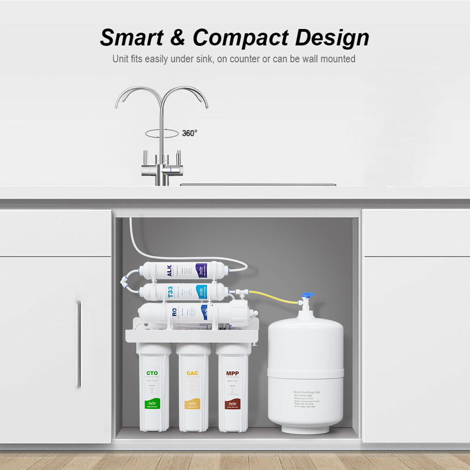 100 GPD 6 Stage Alkaline Reverse Osmosis Drinking Water Filter System Purifier