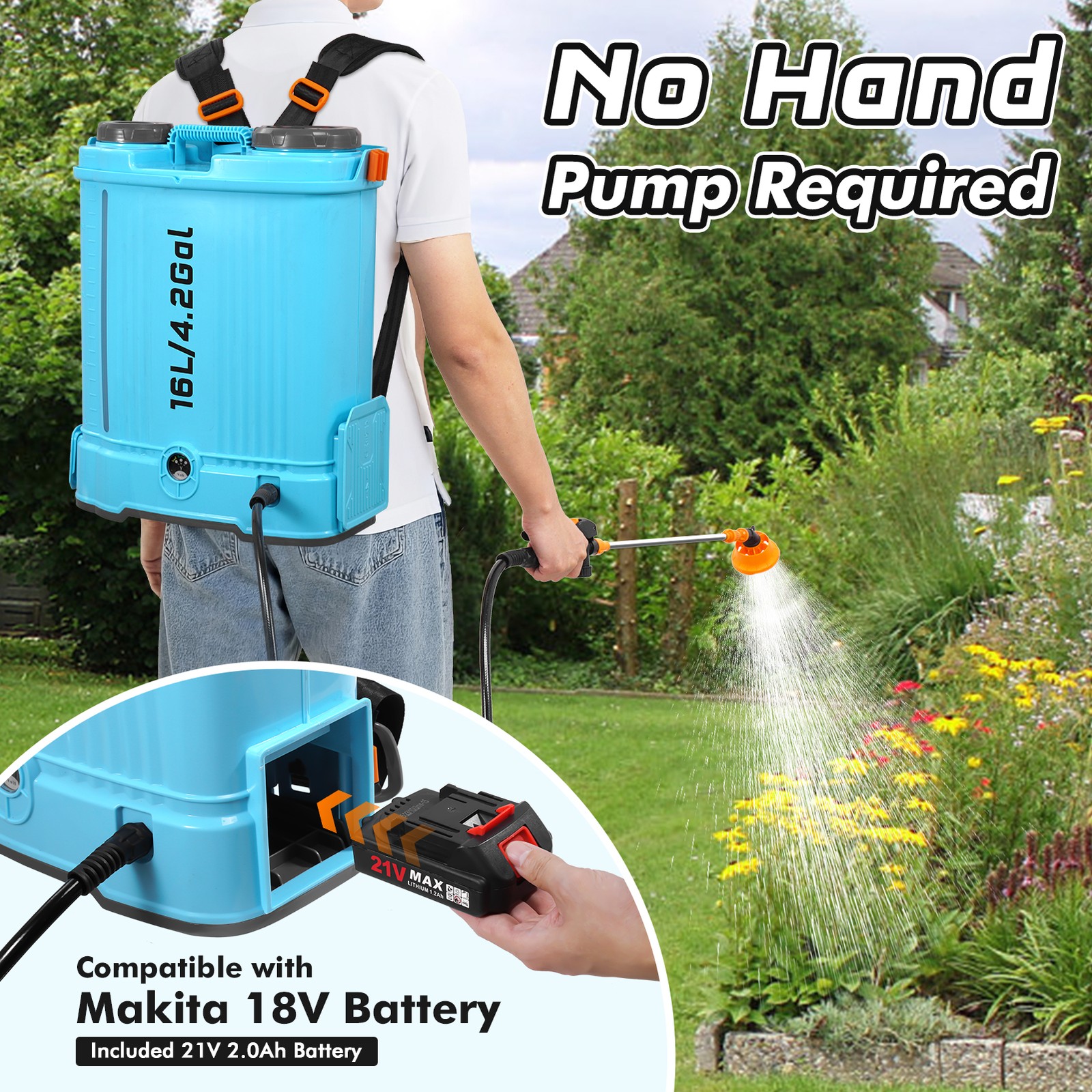 4.2 Gallon Battery Powered Backpack Sprayer with Battey and 6 Nozzles for Lawn