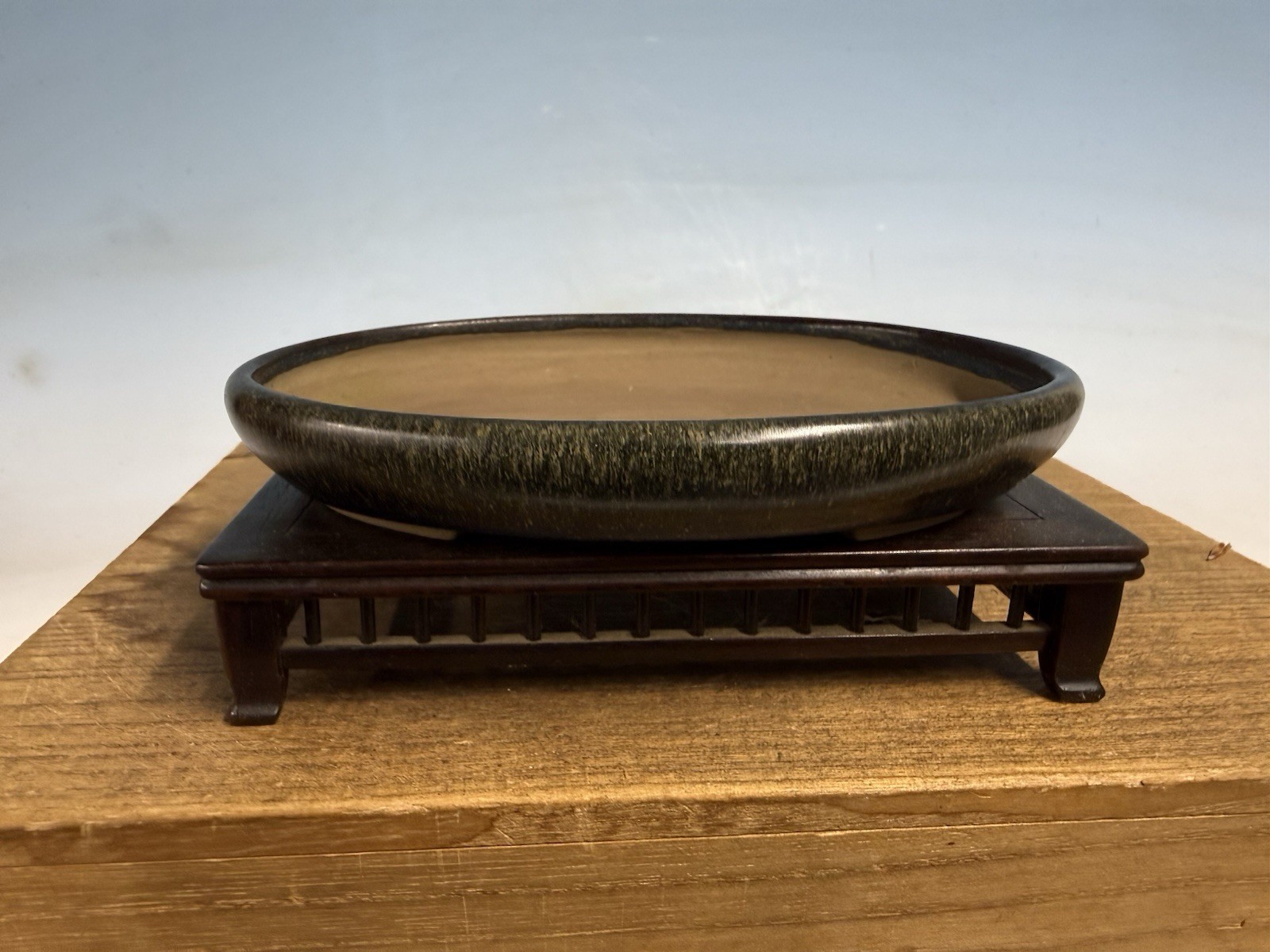 Japanese Unknown Maker Shohin Bonsai Tree Pot 6 1/8” Beautiful Blue Glaze