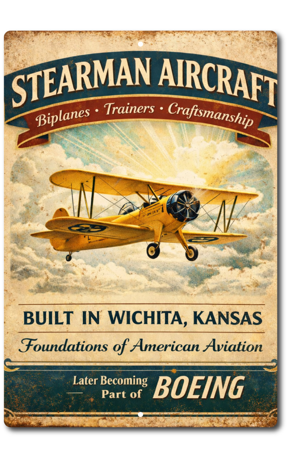 Stearman Aircraft Aluminum Tin Sign Vintage Airplane Wichita Kansas Aviation