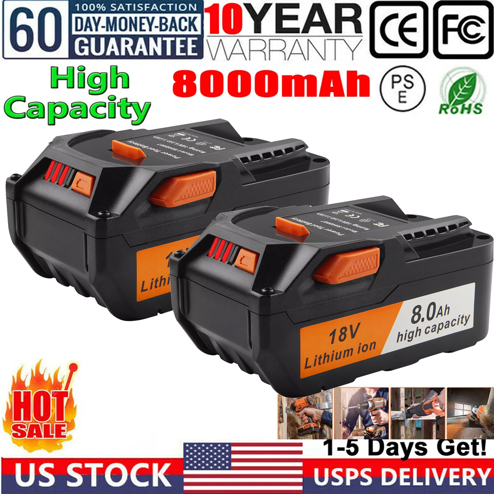 8000mAh For Ridgid R840085 6.0Ah Lithium Battery Rigid 18Volt R840087 Power Tool