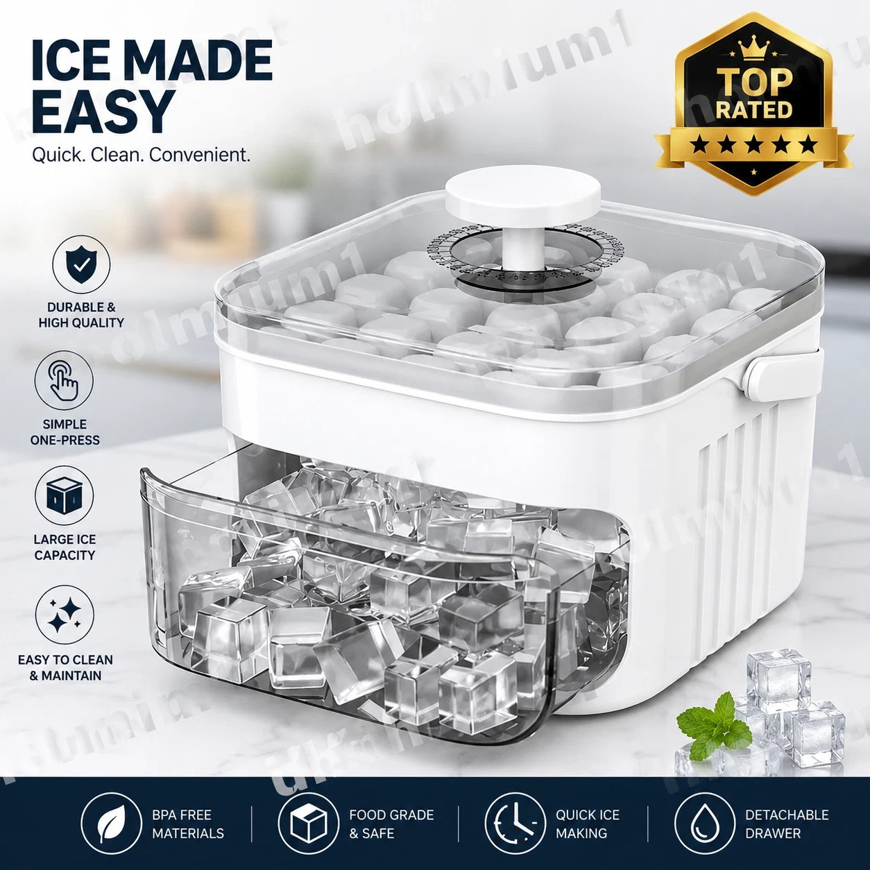 50-Cube Ice Maker Tray with Easy Press Lid, Double Layer Ice Cube Mold, Reusable