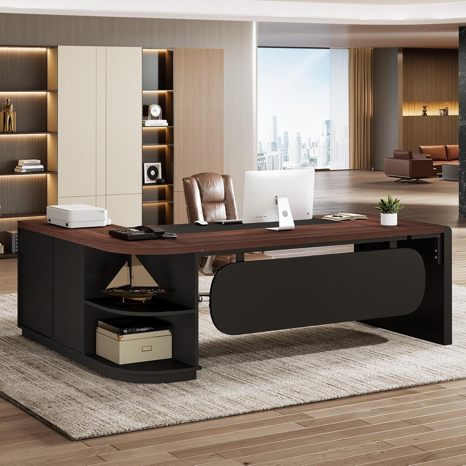 80.71” L-Shaped Executive Desk, Large Office Computer Desk with Drawers Cabinet