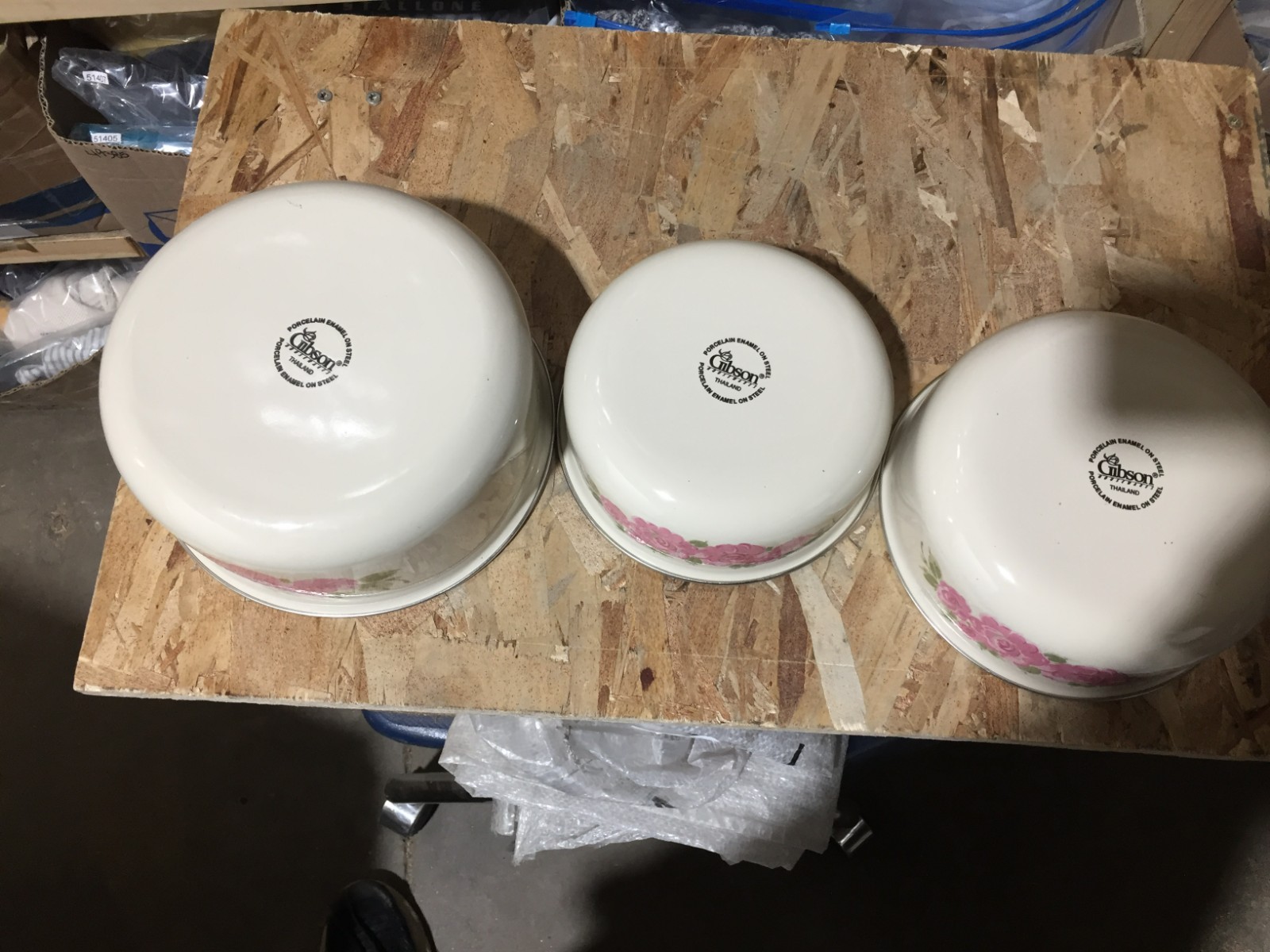 VTG Set Of 3 Enamelware Mixing Bowls Gibson Thailand 1980s Pink Floral Roses